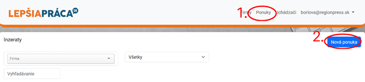 Úvodný formulár vytvorenia pracovnej ponuky