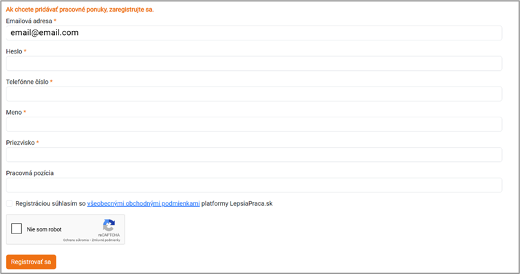 Tlačidlo Registrovať sa