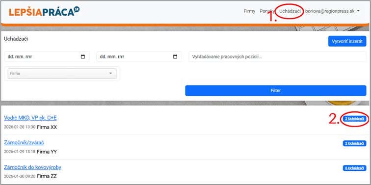 Navigácia do správy uchádzačov