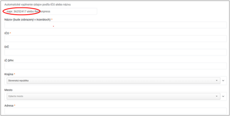 Automatické vyplnenie údajov firmy